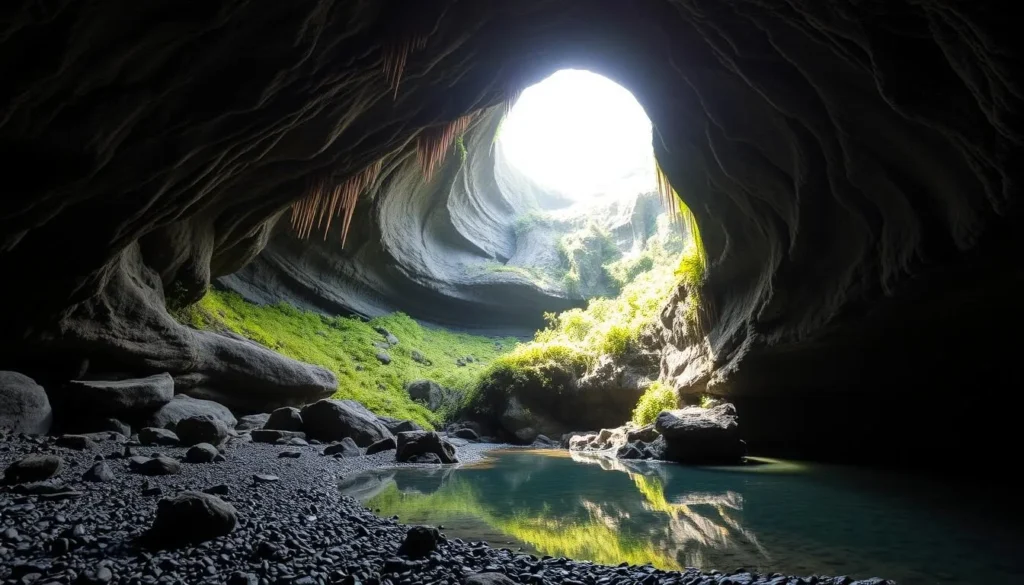 A cavernous lava tube winding through the verdant landscape of Kaumana Caves, Hawaii. Sunlight filters through crevices, casting a warm glow on the smooth, sculpted walls. Stalactites hang from the high ceiling, while the ground is strewn with volcanic rocks and pebbles. A tranquil pool of crystal-clear water reflects the natural beauty. Explore this subterranean wonder, its ancient formation a testament to the dynamic forces that shaped the Big Island. Capture the serene, otherworldly atmosphere with a wide-angle lens, showcasing the scale and grandeur of this captivating geological marvel.