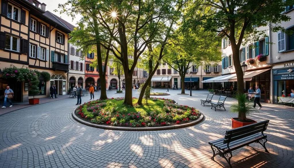 A charming European square, Place Maurice Zermatten, surrounded by quaint buildings with rustic facades. Cobblestone paths wind through a lush central garden, dotted with blooming flowers and shaded by towering trees. Soft, warm sunlight filters through the leaves, casting a golden glow over the idyllic scene. Benches invite visitors to sit and savor the tranquil ambiance, as locals stroll by or linger at the nearby cafes. The square exudes a timeless, picturesque atmosphere, capturing the essence of a quintessential Swiss town.