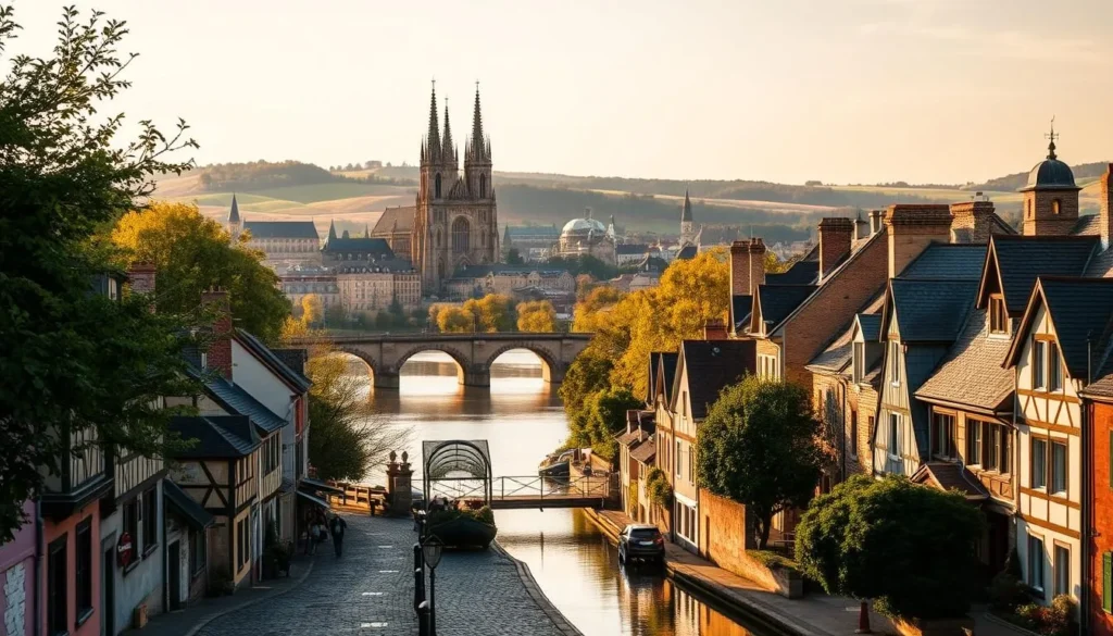 A charming Loire Valley cityscape bathed in golden afternoon light. In the foreground, quaint half-timbered houses line cobblestone streets, their colorful facades reflecting in the calm waters of the river. Towering spires of a grand cathedral rise majestically in the middle ground, surrounded by rolling hills and lush vineyards. In the background, a cluster of historic stone buildings and bridges create a picturesque skyline. A gentle breeze rustles the trees, evoking an atmosphere of tranquility and timeless beauty. Captured with a wide-angle lens to showcase the scenic scale of this quintessential Loire Valley scene.