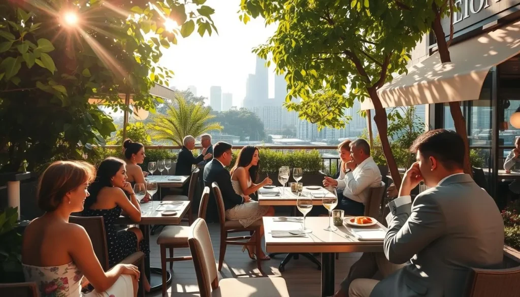 A charming alfresco scene at a renowned French bistro in the heart of Singapore. Sunlight filters through lush foliage, casting a warm glow on the intimate outdoor terrace. Elegantly laid tables invite diners to savor classic French cuisine, from delicate pastries to rich cassoulets. The atmosphere is one of relaxed sophistication, with well-dressed patrons enjoying convivial conversation over fine wine. In the background, the city's iconic skyline provides a stunning backdrop, hinting at the dynamic energy that surrounds this oasis of Parisian-inspired dining.