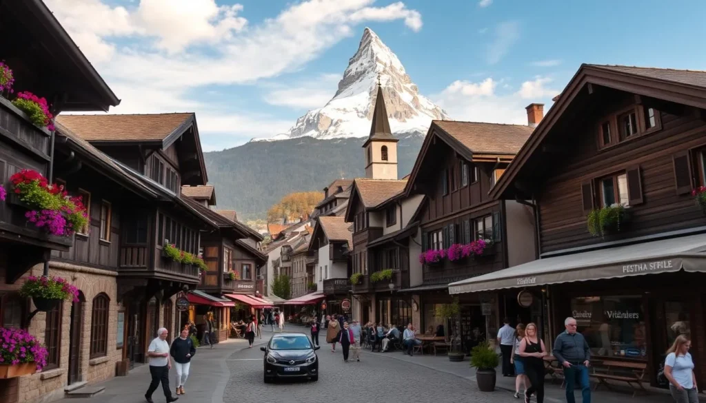 A charming alpine village nestled in the Swiss Alps, Zermatt's car-free center invites exploration on foot. Imagine winding cobblestone streets lined with quaint chalets, their wooden facades adorned with vibrant flower boxes. In the tranquil town square, locals and visitors mingle, sipping coffee or browsing the artisanal shops. Towering over the scene, the majestic Matterhorn casts its iconic silhouette, its snow-capped peak glistening in the warm sunlight. Capture the serene atmosphere of this pedestrian-friendly oasis, where the only sounds are the chiming of church bells and the laughter of contented strollers.