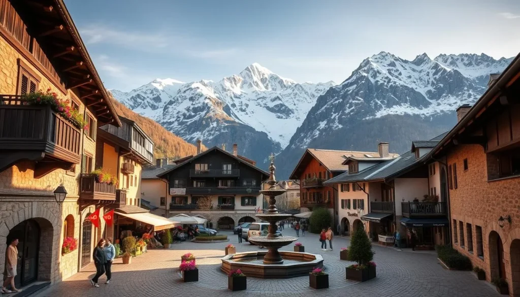 A charming alpine village nestled in the heart of the Swiss Alps, Andermatt is a picturesque scene of quaint chalets, cobblestone streets, and towering snow-capped peaks. Capture the warm, golden sunlight cascading over the traditional architecture, casting soft shadows across the ancient stone buildings. Render the idyllic town square, where locals and visitors mingle around a central fountain, framed by lush greenery and vibrant flower boxes. In the background, majestic mountains rise majestically, their rugged slopes blanketed in a pristine coat of snow, creating a breathtaking natural backdrop. Convey a sense of tranquility and timeless charm, inviting the viewer to step into this enchanting alpine oasis.