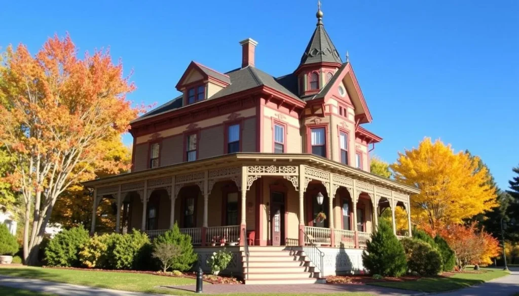 A charming bed and breakfast in Bangor with Victorian architecture, surrounded by trees with autumn foliage A charming bed and breakfast in Bangor with Victorian architecture, surrounded by trees with autumn foliage