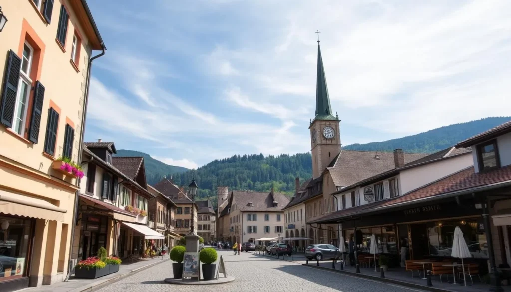 A charming cityscape of Biel/Bienne's historic town center, captured on a pleasant day. In the foreground, cobblestone streets wind past quaint shops and cafes, their facades adorned with colorful flowers and awnings. The middle ground features the iconic clock tower of the Stadtkirche, its distinctive spire reaching skyward. In the background, the verdant slopes of the Jura Mountains provide a picturesque backdrop, their lush greenery contrasting with the warm hues of the architecture. Soft, diffused sunlight filters through wispy clouds, imbuing the scene with a serene, inviting atmosphere that reflects the bilingual charm of this Swiss gem.