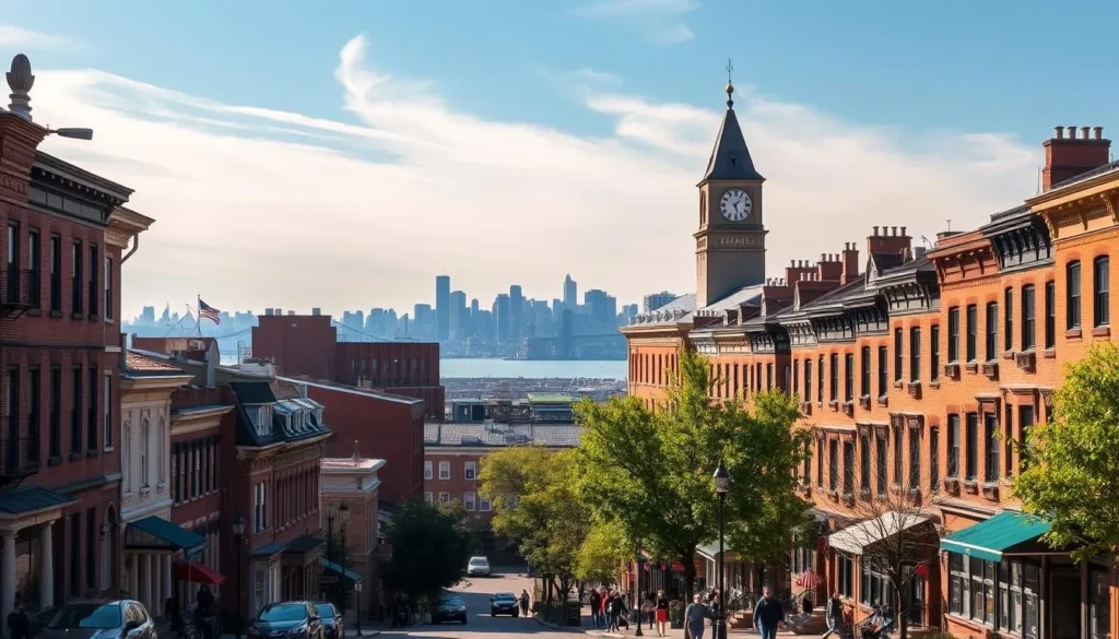 A charming cityscape of Hoboken, New Jersey on a sunny day. In the foreground, quaint brownstone buildings line the streets, their stoops and storefronts bustling with local life. Farther back, the iconic Hoboken Terminal stands tall, its historic architecture and clock tower punctuating the skyline. The Hudson River flows peacefully in the background, with the Manhattan skyline visible across the water. Warm, soft lighting filters through wispy clouds, casting a gentle glow over the scene. Pedestrians stroll along the sidewalks, capturing the vibrant, neighborly atmosphere of this picturesque New Jersey city.