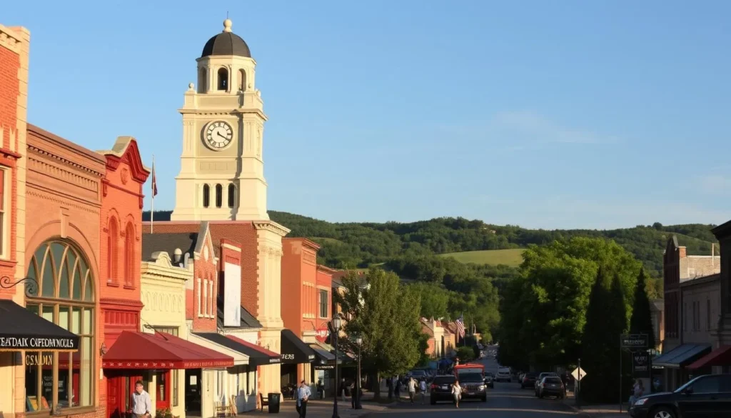 A charming cityscape of Sedalia, Missouri on a pleasant day. In the foreground, quaint downtown buildings with ornate facades line the streets, their details illuminated by warm, natural light. Pedestrians stroll along the sidewalks, appreciating the local shops and cafes. In the middle ground, a historic courthouse tower rises, its clock face shining. The background features rolling hills and lush greenery, creating a picturesque small-town atmosphere. Capture the inviting, relaxed vibe of Sedalia's cherished character and charm.