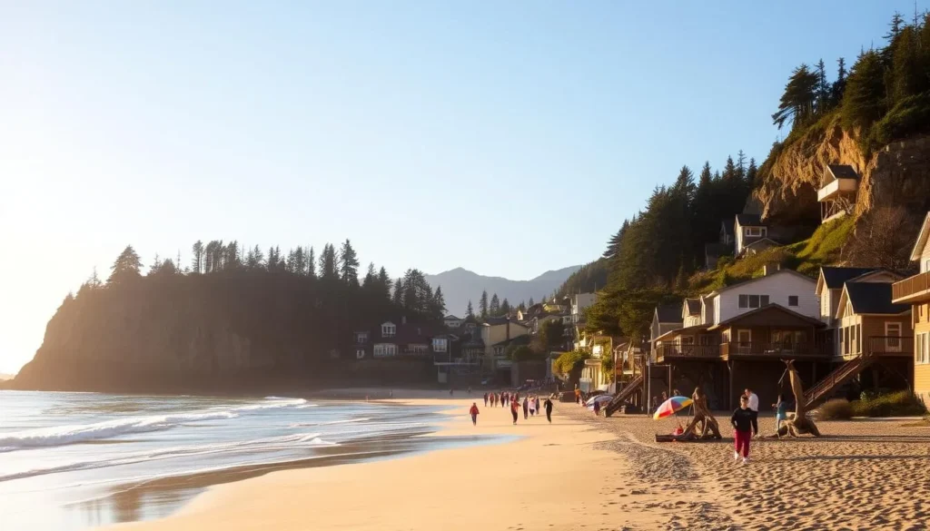 A charming coastal town nestled along the rocky shores of the Pacific Northwest, with a picturesque beach framed by towering cliffs and lush evergreen forests. The sun casts a warm, golden glow over the tranquil scene, glimmering on the gentle waves that caress the soft, sandy shoreline. In the foreground, people stroll along the beach, taking in the breathtaking natural beauty that surrounds them. In the middle ground, colorful beach umbrellas and driftwood structures dot the landscape, adding a touch of whimsy. In the distance, the silhouettes of coastal mountains rise majestically against the clear, azure sky, creating a serene and inviting atmosphere.