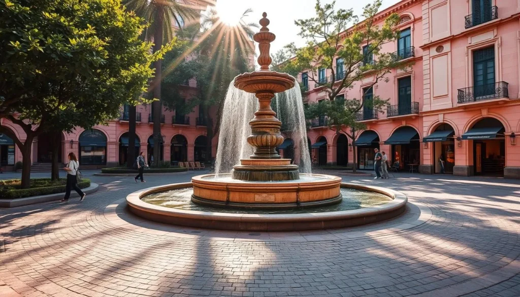 A charming fountain stands in the heart of Morelia's historic center, surrounded by the city's signature pink stone architecture. Sunlight filters through lush foliage, casting warm, dancing shadows across the ornate, tiered structure. Cascading water creates a soothing, rhythmic melody, drawing passersby to pause and admire the graceful scene. In the foreground, cobblestoned pedestrian walkways wind through a picturesque plaza, lined with quaint shops and sidewalk cafes. The overall atmosphere radiates a sense of tranquility and timeless beauty, inviting visitors to wander and immerse themselves in Morelia's captivating charm.
