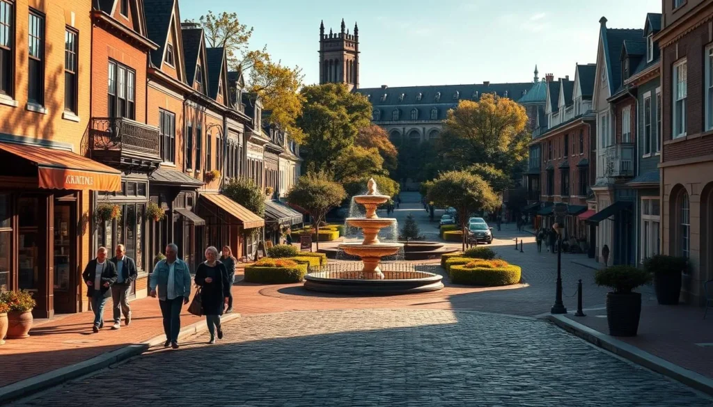 A charming historic district in Princeton, New Jersey, with cobblestone streets, stately Victorian houses, and grand university buildings bathed in warm afternoon sunlight. In the foreground, pedestrians stroll past quaint shops and cafes, their steps echoing on the ancient pavement. The middle ground reveals a manicured town square, its lush greenery and ornate fountain creating a serene oasis. In the background, the iconic Princeton University campus stands tall, its Gothic-inspired architecture casting long shadows across the scene. The overall atmosphere evokes a timeless elegance, capturing the essence of Princeton's enduring historic charm.