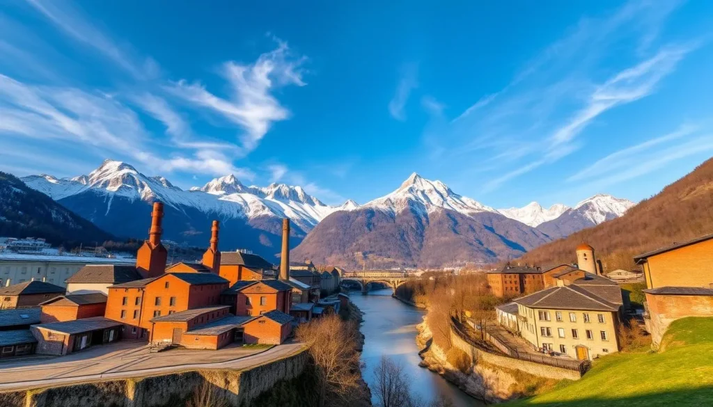 A charming industrial landscape in Glarus, Switzerland, nestled amidst the majestic snow-capped peaks of the Swiss Alps. In the foreground, a cluster of well-preserved 19th-century factories and warehouses, their red-brick facades bathed in warm, golden sunlight. Wispy clouds drift lazily across a clear blue sky, casting soft shadows on the picturesque scene. In the middle ground, a tranquil river winds its way through the valley, its gentle currents reflecting the surrounding architecture. The background is dominated by towering, rugged mountains, their jagged peaks reaching up towards the heavens. The overall atmosphere is one of serene industrial heritage, a harmonious blend of nature and human ingenuity.