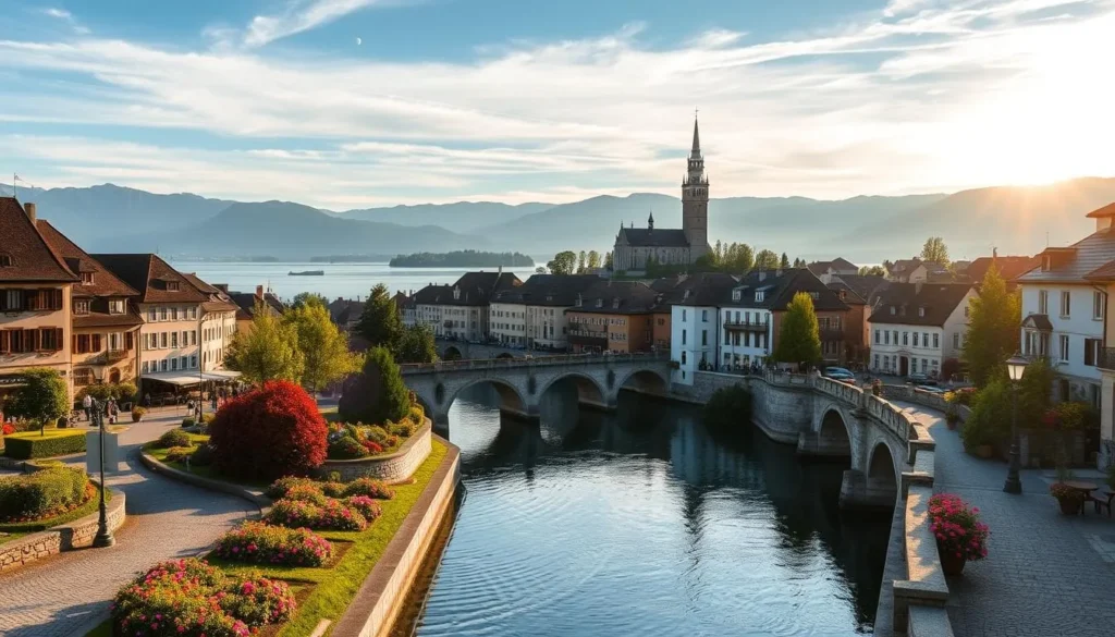 A charming lakeside town nestled along the shores of Lake Zurich, Rapperswil is a picturesque "City of Roses" with a medieval castle, elegant bridges, and cobblestone streets. Capture the serene atmosphere as the sun casts a warm glow over the colorful flower-filled gardens, historic buildings, and tranquil waters. Utilize a wide-angle lens to showcase the town's quaint architecture and scenic vistas, framed by the majestic Swiss Alps in the distance. Convey a sense of timeless beauty and peaceful solitude, inviting the viewer to explore this charming lakeside haven.