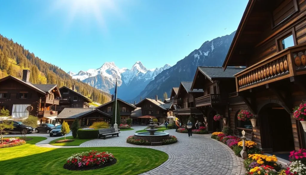 A charming mountain village nestled in a lush alpine valley, with quaint chalets and rustic wooden structures dotting the landscape. The foreground features a winding cobblestone path leading through a picturesque town square, surrounded by vibrant flower beds and a central fountain. In the middle ground, snow-capped peaks rise majestically, their jagged silhouettes framed by a clear, azure sky. Warm, diffused sunlight filters through the scene, casting a golden glow over the village and creating long, soft shadows. The atmosphere is one of peaceful tranquility, inviting the viewer to explore the idyllic setting.