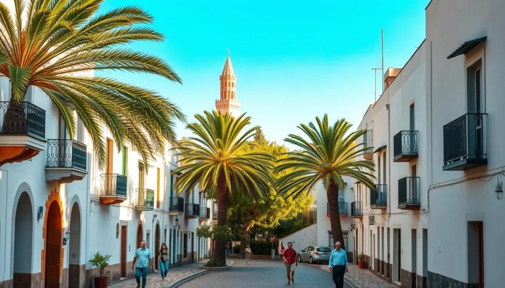 A charming neighborhood in Casablanca, Morocco, bathed in warm afternoon sunlight. Narrow winding streets lined with traditional whitewashed buildings, their ornate balconies and colorful tile accents catching the light. Lush palm trees sway gently, casting dappled shadows on the cobbled ground below. In the distance, the iconic minaret of a historic mosque rises up, its elegant silhouette framed against a clear blue sky. Locals stroll unhurriedly, greeting one another as they go about their daily routines. The overall atmosphere is one of tranquility and timeless beauty, inviting the viewer to imagine themselves exploring this charming Moroccan neighborhood.