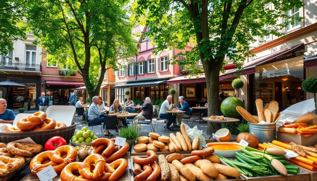 A charming outdoor scene of Dortmund's local culinary specialties. In the foreground, an enticing display of freshly baked pretzels, sausages, and Currywurst, surrounded by colorful produce and artisanal breads. In the middle ground, patrons leisurely enjoy their meals at cozy outdoor tables, under the dappled sunlight filtering through lush trees. In the background, the historic facades of quaint local shops and eateries create a warm, inviting atmosphere. The overall mood is one of conviviality and a celebration of the city's rich gastronomic heritage, captured with a natural, photographic aesthetic.