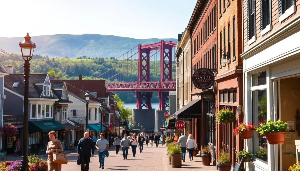 A charming riverside town in New Jersey, Lambertville exudes a quaint, historic ambiance. Capture the bustling main street lined with colorful Victorian buildings, inviting cafes, and artisanal shops. In the foreground, pedestrians leisurely stroll past vibrant flower boxes and wrought-iron street lamps. The middle ground features the iconic Lambertville-New Hope Toll-Supported Bridge, its red-brick arches spanning the tranquil Delaware River. Beyond, rolling green hills and a bright, hazy sky create a picturesque, sun-dappled scene. Convey a sense of warmth, charm, and small-town allure that draws visitors to explore Lambertville's best attractions.