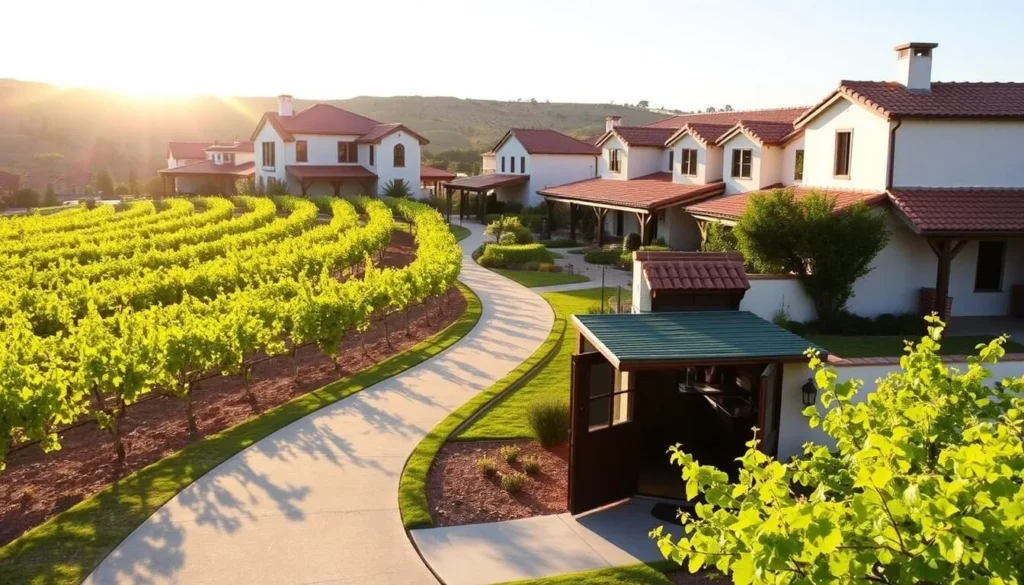 A charming row of boutique wineries nestled in the rolling hills of Paso Robles, California. The sun casts a warm, golden glow over the rustic, Spanish-inspired architecture, with terracotta roofs and whitewashed walls. A winding path leads visitors through manicured vineyards, where rows of lush, green vines stretch out towards the horizon. In the foreground, a cozy tasting room beckons, its doors open, inviting guests to sample the region's finest, handcrafted wines. The scene exudes a sense of tranquility and leisurely exploration, capturing the essence of the hidden gems and boutique wineries that make Paso Robles a must-visit destination for oenophiles.
