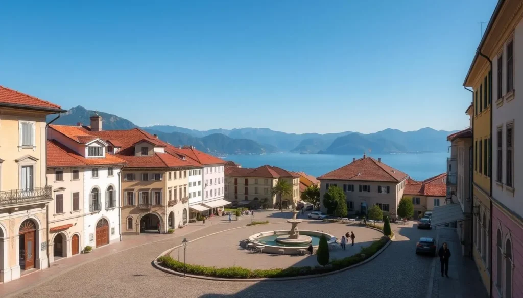 A charming scene of Lugano's historic center on a pleasant day. In the foreground, cobblestone streets wind between picturesque buildings with pastel facades, ornate details, and red-tiled roofs. In the middle ground, a serene piazza features a historic fountain and lively outdoor cafes. The background showcases the stunning alpine landscape, with lush green hills and the tranquil waters of Lake Lugano reflecting the azure sky. Warm, diffused sunlight bathes the scene, creating a warm, inviting atmosphere. Capture this timeless, postcard-worthy view of Lugano's captivating historic heart.