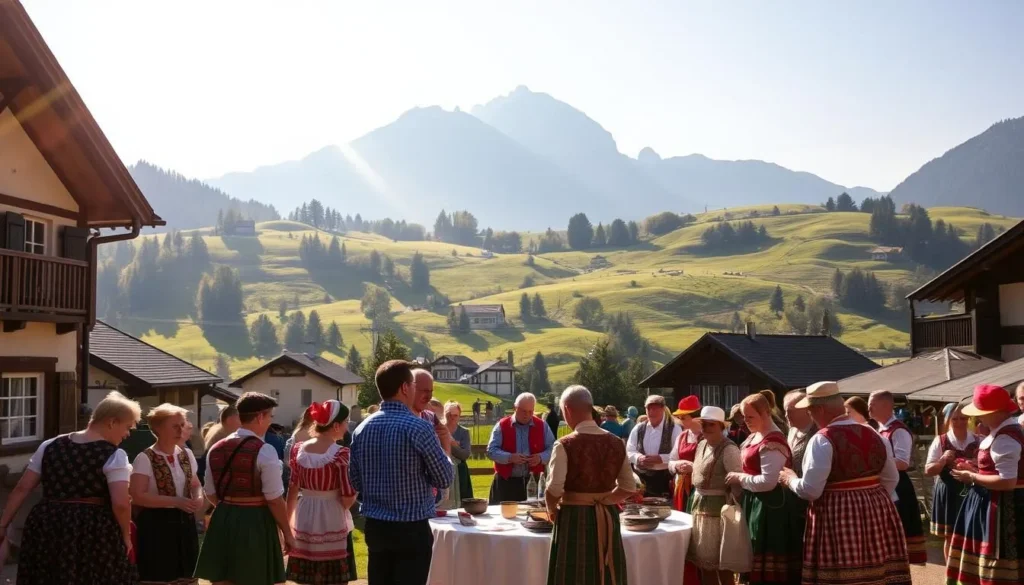 A charming scene of traditional Appenzell Innerrhoden cultural practices unfolds under a warm, golden sun. In the foreground, locals in colorful, ornate folk costumes gather around a central display, engaged in lively demonstrations of time-honored crafts and customs. The middle ground reveals the picturesque alpine landscape, with quaint chalets and verdant rolling hills framing the serene setting. In the background, a towering mountain range stands tall, casting a tranquil, majestic presence. The overall atmosphere evokes a sense of timeless rural elegance and a deep connection to the region's heritage.