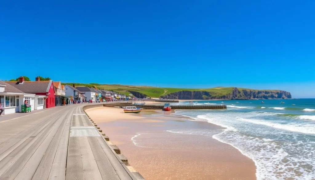 A charming seaside town nestled along the Normandy coast, Quiberville Beach offers a tranquil escape. Capture the picturesque scene of sun-dappled waves lapping against the sandy shore, dotted with colorful fishing boats bobbing in the calm waters. In the foreground, stroll along the weathered wooden boardwalk, lined with quaint seaside cottages and local shops. The middle ground reveals a gently sloping promenade, where locals and visitors alike gather to enjoy the salty sea breeze. In the distance, rugged cliffs rise up, their ancient rock formations silhouetted against a clear, azure sky. Employ a wide-angle lens to convey the serene and inviting atmosphere of this lesser-known coastal gem.