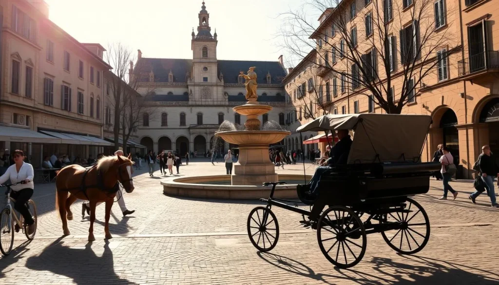A charming town square in Avignon, France, bathed in warm, golden sunlight. In the foreground, a quaint horse-drawn carriage waits to ferry passengers, its driver dressed in traditional attire. Bicyclists and pedestrians casually navigate the cobblestone streets, while in the middle ground, a historic stone fountain stands as a serene focal point. In the background, the iconic Palais des Papes rises majestically, its gothic architecture casting dramatic shadows. A picturesque scene that captures the essence of Avignon's transportation options and timeless allure.