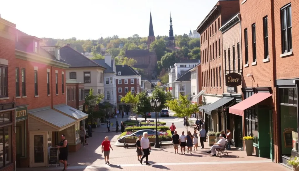A charming town square in Dover, New Hampshire, on a sunny afternoon. In the foreground, quaint brick buildings line the streets, their facades adorned with inviting storefronts and sidewalk cafes. People stroll leisurely, taking in the vibrant atmosphere. In the middle ground, a central green space bustles with activity, from children playing to locals relaxing on benches. The background showcases the town's historic architecture, including a steepled church and a mix of traditional and modern structures. Warm sunlight filters through, casting a gentle glow over the entire scene, highlighting the town's timeless appeal and inviting visitors to discover its captivating charm.