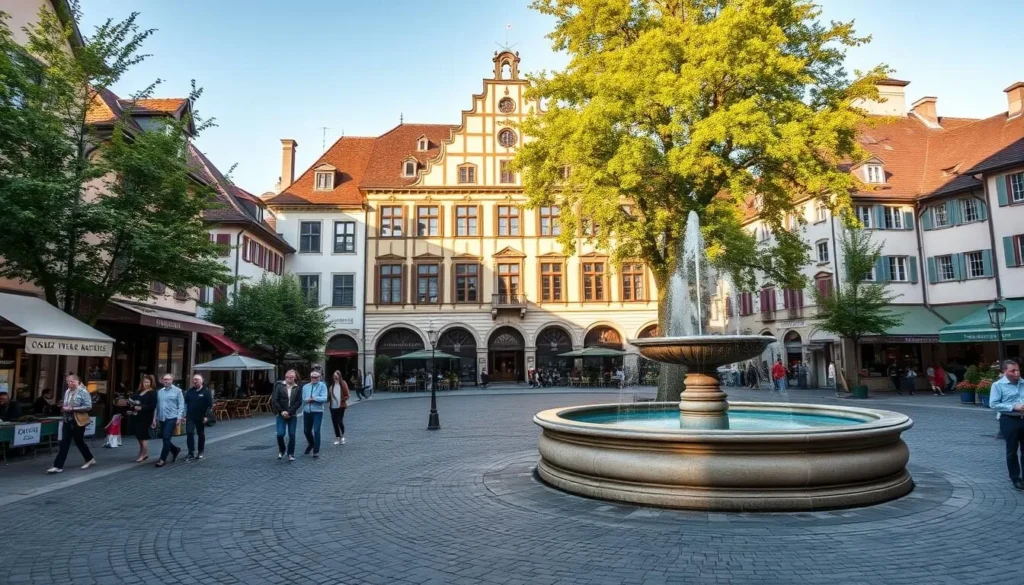 A charming town square in the historic town of Thun, Switzerland. Cobblestone streets lead to the imposing Town Hall, its ornate facade bathed in warm afternoon sunlight. Quaint cafes and shops line the square, their colorful awnings casting dancing shadows. Locals and tourists mingle, enjoying the lively atmosphere. A majestic fountain stands at the center, its cascading waters reflecting the surrounding architecture. The air is crisp and clear, with a gentle breeze rustling the leafy trees that dot the area. An inviting, picturesque scene that captures the essence of Thun's historic heart.