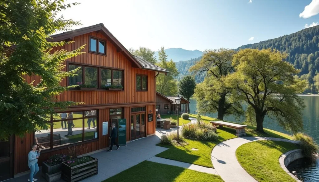 A charming two-story visitor center nestled beside the serene waters of Lake Sempach, Switzerland. The building's warm, rustic exterior blends seamlessly with the lush, verdant landscape. Through large picture windows, passersby can glimpse informative displays and exhibits highlighting the lake's natural wonders. Sunlight streams in, casting a cozy, inviting glow. People stroll along the meandering pathways, taking in the picturesque scenery. Elegant trees and blooming flowers add pops of color, complementing the tranquil, picturesque atmosphere. An idyllic scene that perfectly encapsulates the charm and allure of visiting this stunning Swiss alpine lake.
