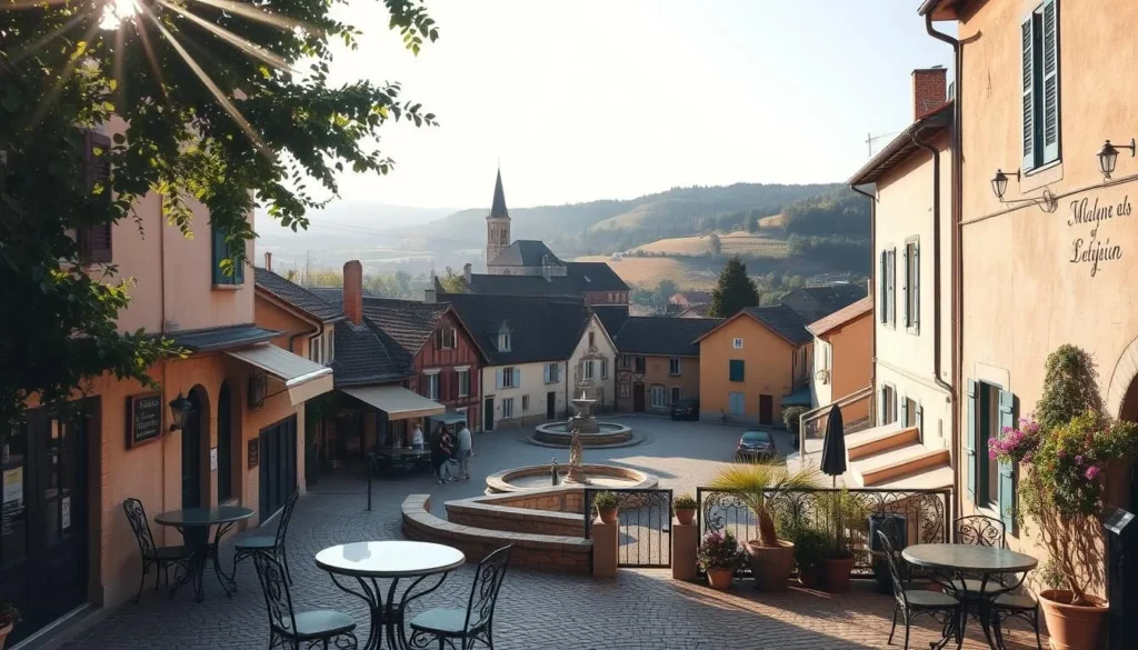 A charming village nestled in the rolling hills of Occitanie, France. Warm sunlight filters through the trees, casting a golden glow over the cobblestone streets and half-timbered houses. In the foreground, a quaint cafe with wrought-iron tables and chairs invites passersby to linger and soak in the relaxed ambiance. The middle ground features a picturesque town square, with a central fountain and a historic church steeple rising in the distance. The background showcases the region's natural beauty, with undulating vineyards and forested slopes framing the scene. The overall atmosphere evokes a sense of timeless charm and tranquility, encapsulating the hidden gem of southern France.