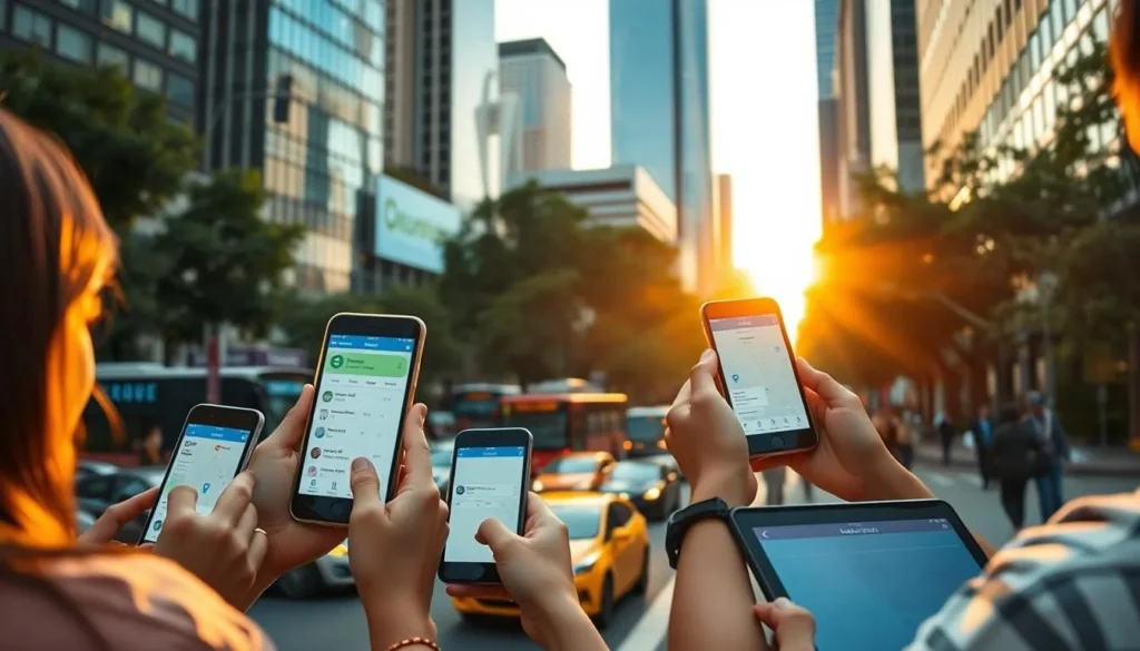 A city street at golden hour, mobile phones and tablets held in hand, displaying a variety of transportation apps - from ride-sharing to public transit schedules. The foreground features a group of commuters casually interacting with their devices, while the middle ground shows the bustling street scene with cars, buses, and pedestrians. In the background, towering skyscrapers and lush greenery create a modern, urban atmosphere. The lighting is soft and warm, with a sense of ease and connectivity, reflecting the convenience and utility of these digital transportation planning tools.