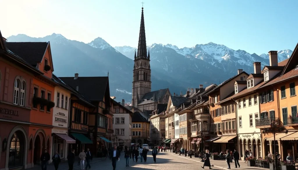 A cityscape of Chur, Switzerland on a sunny day. In the foreground, quaint historic buildings with colorful facades and ornate architecture line the cobblestone streets. People stroll along the sidewalks, taking in the vibrant atmosphere. In the middle ground, the towering spires of Chur Cathedral rise majestically, casting long shadows across the scene. Behind it, the rugged peaks of the Swiss Alps form a dramatic backdrop, their snow-capped summits glistening in the warm light. The image conveys the charm and timeless elegance of this picturesque Alpine city.