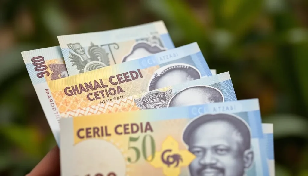 A close-up view of Ghanaian Cedi banknotes, capturing the intricate designs and vibrant colors of the currency. The notes are arranged neatly, with a soft, diffused lighting highlighting the intricate patterns and security features. The background is a subtly blurred, natural setting, conveying a sense of authenticity and practicality. The overall composition emphasizes the visual appeal and importance of the Ghanaian Cedi as a vital element of the country's financial infrastructure.