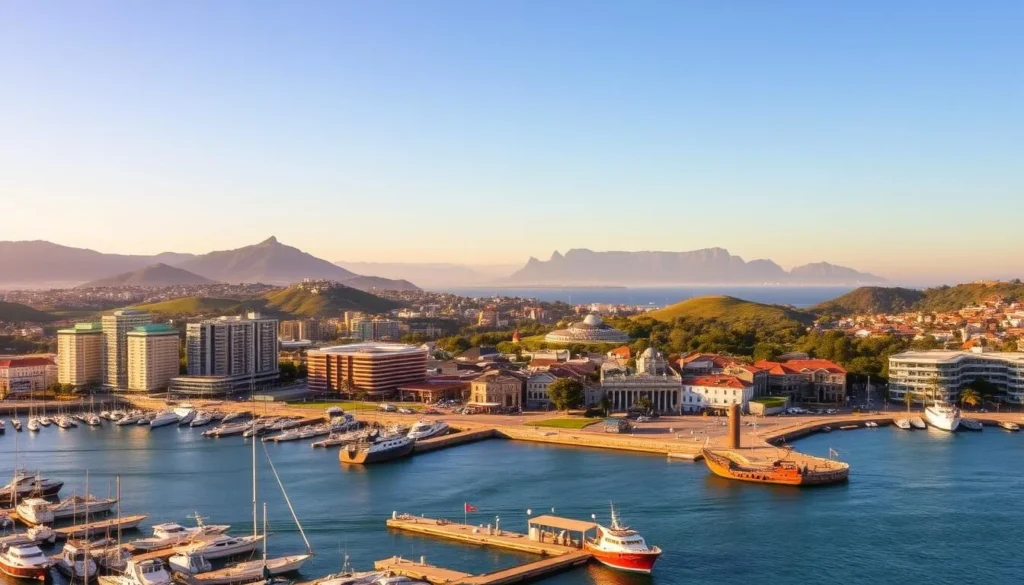 A coastal cityscape of Buffalo City, South Africa, on a bright sunny day. In the foreground, a bustling harbor with fishing boats and small craft docked along the piers. In the middle ground, a mix of modern high-rise buildings and historic colonial-style architecture lining the shoreline, their facades gleaming under the warm light. In the background, rolling hills and lush greenery frame the scene, with the distant outline of Table Mountain visible on the horizon. Warm hues of gold and blue create a vibrant, inviting atmosphere, capturing the essence of this hidden coastal gem.