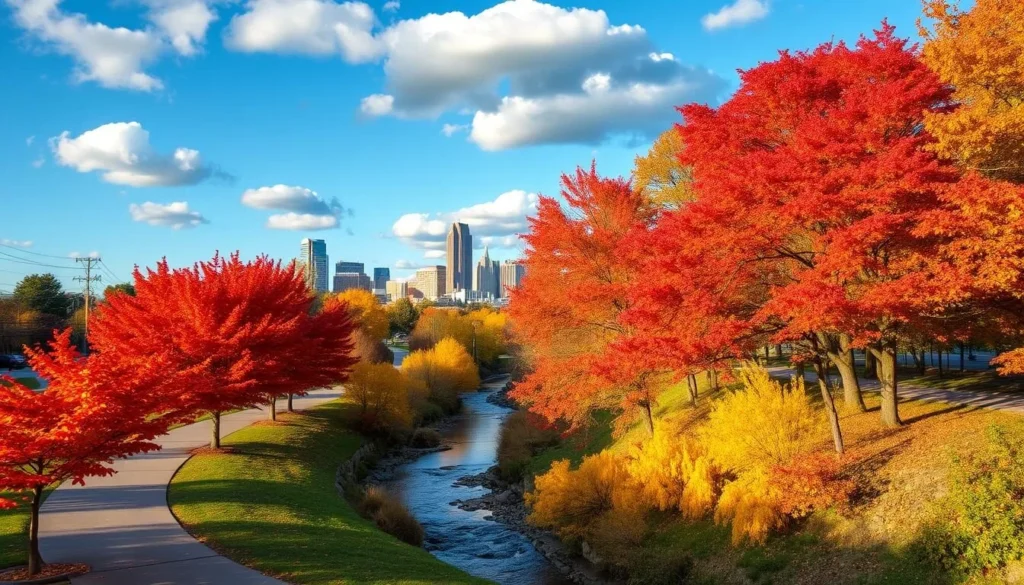 A colorful autumn scene in Nashville, Tennessee. In the foreground, vibrant red and orange maple trees line a winding park path, their leaves gently falling. In the middle ground, a small creek flows peacefully, its banks dotted with golden yellow ginkgo trees. In the background, the downtown Nashville skyline emerges, its skyscrapers bathed in warm afternoon sunlight. A clear blue sky with fluffy white clouds overhead completes the tranquil, picturesque view. Capture this serene fall day in Nashville with a wide-angle lens, highlighting the harmonious blend of natural and urban elements.
