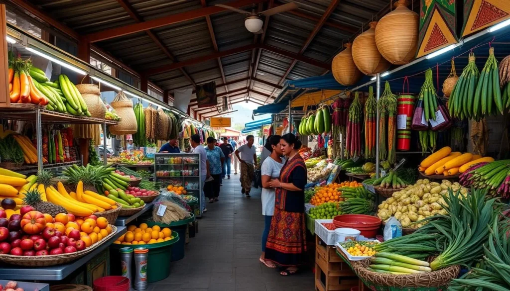 A colorful local market in Vilcabamba with fresh produce, crafts, and locals in traditional dress A colorful local market in Vilcabamba with fresh produce, crafts, and locals in traditional dress