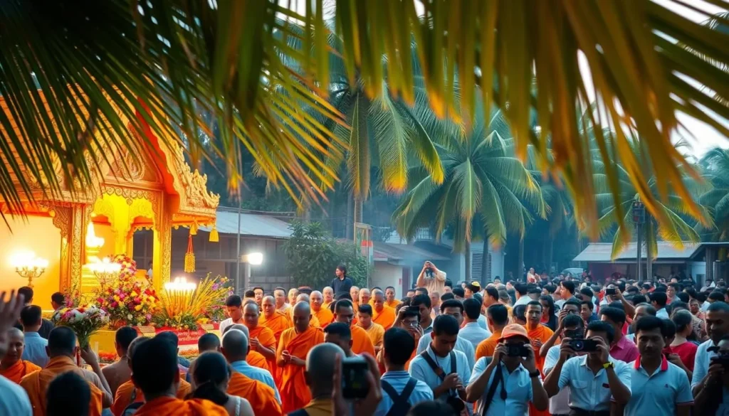 A colorful procession of Buddhist monks in vibrant saffron robes, leading a lively celebration in the streets of a Cambodian village. In the foreground, devotees offer flowers and incense at a gilded temple, bathed in warm, soft lighting. The middle ground features a crowd of locals and tourists, capturing the festive atmosphere with their cameras. In the background, lush green palm trees sway gently, framing the scene with a tropical, serene ambiance. The overall mood is one of spiritual reverence, cultural vibrancy, and a sense of community coming together to honor ancient traditions.