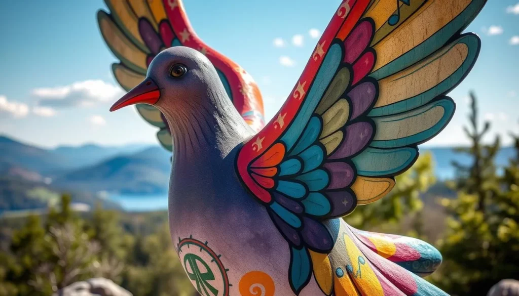 A colorfully painted dove sculpture from the Sullivan Catskills Dove Trail with scenic background