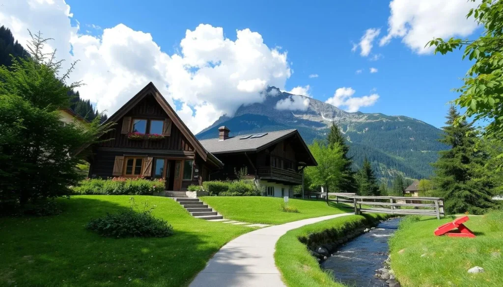 A cozy, Alpine chalet nestled at the base of the majestic Finsteraarhorn mountain in Switzerland. The building has a rustic, timber-framed exterior with a steep, pitched roof and decorative window shutters. Lush greenery surrounds the chalet, and a small stream or river runs nearby, reflecting the clear blue sky and fluffy white clouds above. In the foreground, a well-maintained pathway leads up to the chalet's entrance, inviting visitors to explore the charming accommodations. The scene exudes a peaceful, serene atmosphere, perfectly capturing the tranquil mountain setting.