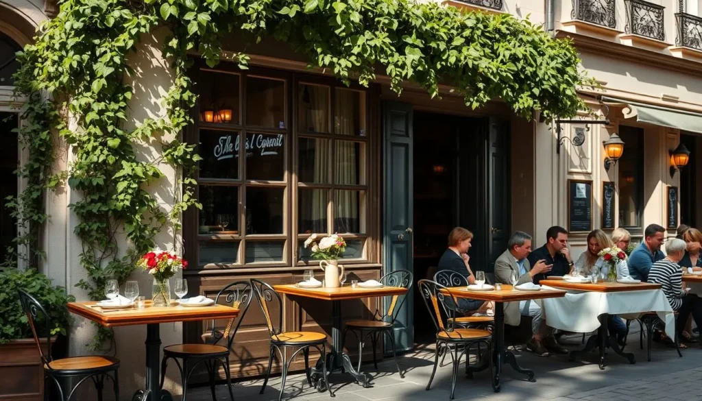 A cozy French bistro nestled on a Parisian side street, with sun-dappled tables set for an al fresco lunch. Wrought-iron chairs surround wooden tables adorned with crisp white linens and a simple vase of fresh flowers. The façade is adorned with lush greenery, casting soft shadows across the scene. A relaxed, unhurried atmosphere pervades, with a hint of the aroma of freshly baked bread and simmering beef bourguignon wafting through the air. Warm lighting from wall sconces and a few clusters of diners enjoying a leisurely meal create a charming, intimate ambiance.