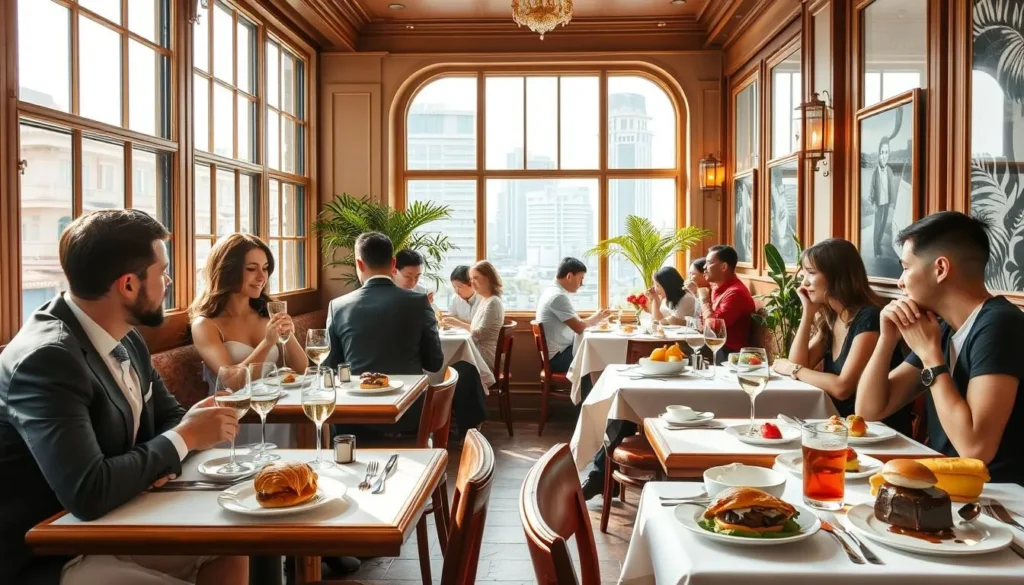 A cozy Parisian-style café nestled in the heart of Singapore's vibrant cityscape. Sunlight filters through the large windows, casting a warm glow on the white tablecloths and polished wood furnishings. Elegant couples and groups of friends engage in lively conversation over plates of delectable French cuisine - flaky croissants, rich croque monsieurs, and decadent desserts. The air is perfumed with the aroma of freshly brewed coffee and the sounds of clinking glasses and soft French music. A quintessential scene of refined dining in the bustling metropolis, capturing the fusion of French culinary tradition and Singaporean cosmopolitan charm.