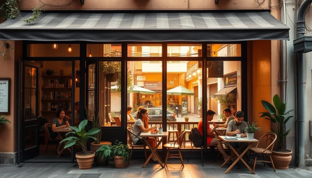 A cozy and inviting cafe nestled in the heart of Ho Chi Minh City, Vietnam. The facade features warm, earthy tones and a charming awning, inviting passersby to step inside. Through the large windows, glimpse the intimate interior with its wooden furnishings, potted plants, and atmospheric lighting. Customers savor their coffee drinks and local delicacies at small, intimate tables, surrounded by the vibrant energy of the bustling street outside. Sunlight filters in, casting a soft, golden glow and creating a serene, relaxing ambiance. The cafe's welcoming atmosphere and authentic Vietnamese aesthetic make it an ideal spot for coffee lovers to immerse themselves in the local culture.