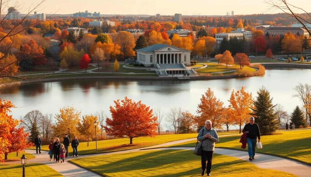 A cozy autumn afternoon in Chesterfield, Missouri. In the foreground, a picturesque park with vibrant fall foliage lining a tranquil lake. Families stroll along the winding paths, sipping warm drinks and admiring the serene reflections. In the middle ground, the historic Chesterfield Amphitheater stands, its elegant architecture bathed in golden sunlight. Beyond, the skyline of Chesterfield's bustling commercial district rises, a tapestry of modern buildings and towering trees. The scene is suffused with a warm, inviting atmosphere, capturing the seasonal charm that draws visitors to this charming Missouri town.