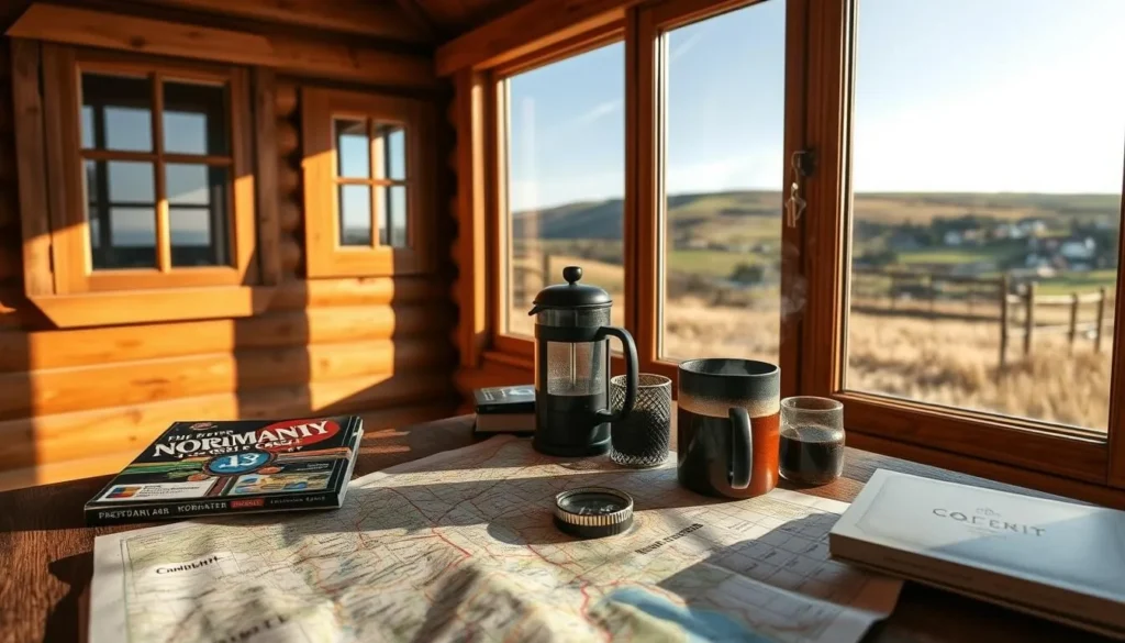 A cozy cabin nestled in the rolling hills of Normandy, its rustic wooden exterior bathed in warm afternoon light. In the foreground, a well-worn map of the region lies open, surrounded by travel guides, a compass, and a steaming mug of French press coffee. Through the large windows, a picturesque countryside landscape unfolds, complete with rolling pastures, quaint villages, and the iconic chalk cliffs of the Alabaster Coast. The atmosphere is one of planning and anticipation, as the traveler meticulously charts their Normandy adventure. A sense of tranquility and exploration permeates the scene, inviting the viewer to join in the excitement of this upcoming journey.