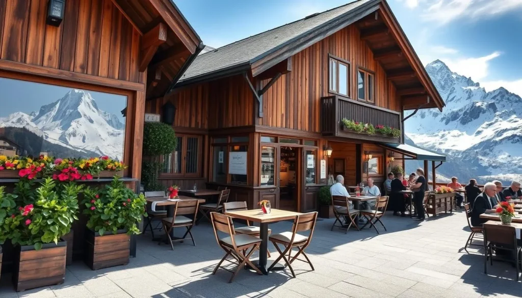 A cozy, charming mountain restaurant nestled at the base of the iconic Matterhorn in Zermatt, Switzerland. The exterior features a rustic, wood-paneled facade with large windows offering panoramic views of the surrounding snow-capped peaks. A welcoming patio with wooden tables and chairs invites guests to dine al fresco, with lush greenery and vibrant flower boxes adding a touch of alpine ambiance. Inside, the warm, inviting atmosphere is accentuated by exposed beams, a roaring fireplace, and traditional Swiss decor. Patrons savor delectable local specialties like raclette, fondue, and Swiss chocolate desserts, all while admiring the breathtaking vistas of the majestic Matterhorn towering in the distance.