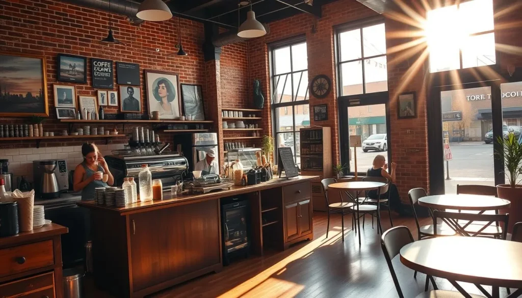 A cozy coffee shop nestled in the heart of Tupelo, Mississippi, bathed in the warm glow of natural light filtering through large windows. Baristas diligently craft artisanal beverages as patrons sip and savor, surrounded by the inviting aroma of freshly brewed coffee. The interior exudes a charming, rustic ambiance with exposed brick walls, wooden furnishings, and local artwork adorning the space. Sunlight dances across the polished hardwood floors, creating a soothing, inviting atmosphere perfect for a leisurely morning or afternoon. Outdoor seating allows patrons to bask in the pleasant southern weather and observe the bustling streets of this vibrant city. The scene captures the essence of Tupelo's thriving coffee culture, a haven for coffee enthusiasts seeking a delightful sensory experience.