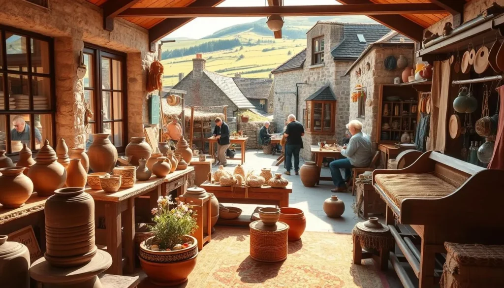 A cozy collection of traditional craft workshops nestled in the heart of Leinster's charming countryside. Warm sunlight filters through the windows, illuminating the intricate handmade goods on display. In the foreground, a potter's wheel spins, shaping clay into elegant pottery. Nearby, a weaver's loom rhythmically clacks, creating vibrant textiles. In the middle ground, skilled artisans carve wood, stitch leather, and blow glass, each practicing their unique craft. The background features rustic stone buildings and lush, rolling hills, evoking a sense of timeless craftsmanship and pastoral serenity. An inviting atmosphere of creativity and tradition, capturing the essence of Leinster's unique cultural experiences.
