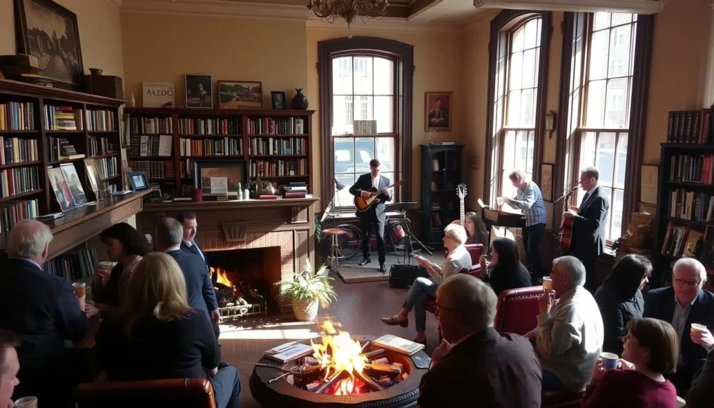 A cozy indoor scene in Princeton, New Jersey, showcasing the city's vibrant cultural life. In the foreground, people gather around a fireplace, sipping warm drinks and engaging in lively conversations. The middle ground features a bookstore, its shelves brimming with volumes on local history and literature. Natural light floods the space through large windows, casting a warm, inviting glow. In the background, a jazz trio performs on a small stage, their music filling the air with a soothing, melodic ambiance. The overall atmosphere is one of intellectual curiosity, community, and the unique charm of this historic university town.