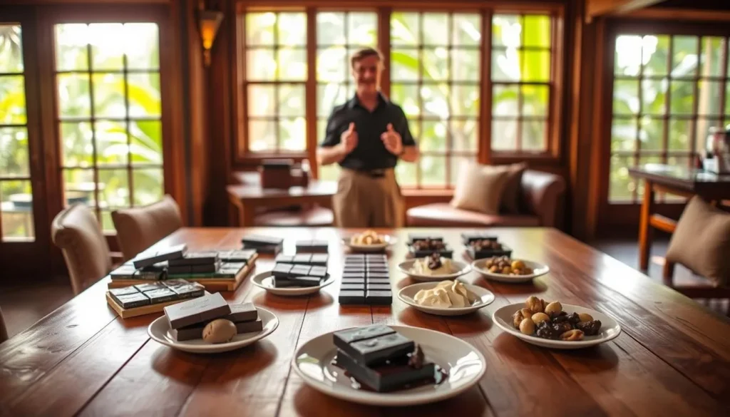 A cozy indoor setting, with a wooden table in the foreground showcasing an artisanal chocolate tasting experience. Warm, natural lighting filters in through large windows, casting a soft glow on the scene. On the table, an assortment of high-quality chocolate bars, accompanied by small plates of various chocolate-infused treats, such as chocolate-dipped fruits and nuts. In the middle ground, a knowledgeable host stands, gesturing and guiding the tasters through the unique flavors and textures of the chocolate selections. The background features lush greenery visible through the windows, hinting at the tropical Kauaian setting. An atmosphere of relaxation, indulgence, and appreciation for the craft of chocolate-making permeates the scene.