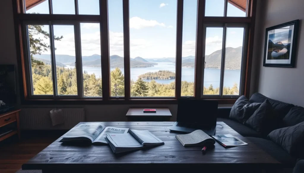 A cozy living room with large windows overlooking a scenic reservoir, surrounded by lush green trees and mountains in the distance. A wooden table in the foreground is covered with travel guides, maps, and a laptop, suggesting weekend trip planning. A warm, natural light filters through the windows, creating a calm and inviting atmosphere. On the wall, a framed photograph of the reservoir hangs, inspiring the viewer's imagination. The overall scene conveys a sense of adventure and relaxation, perfectly suited for planning the perfect weekend getaway.