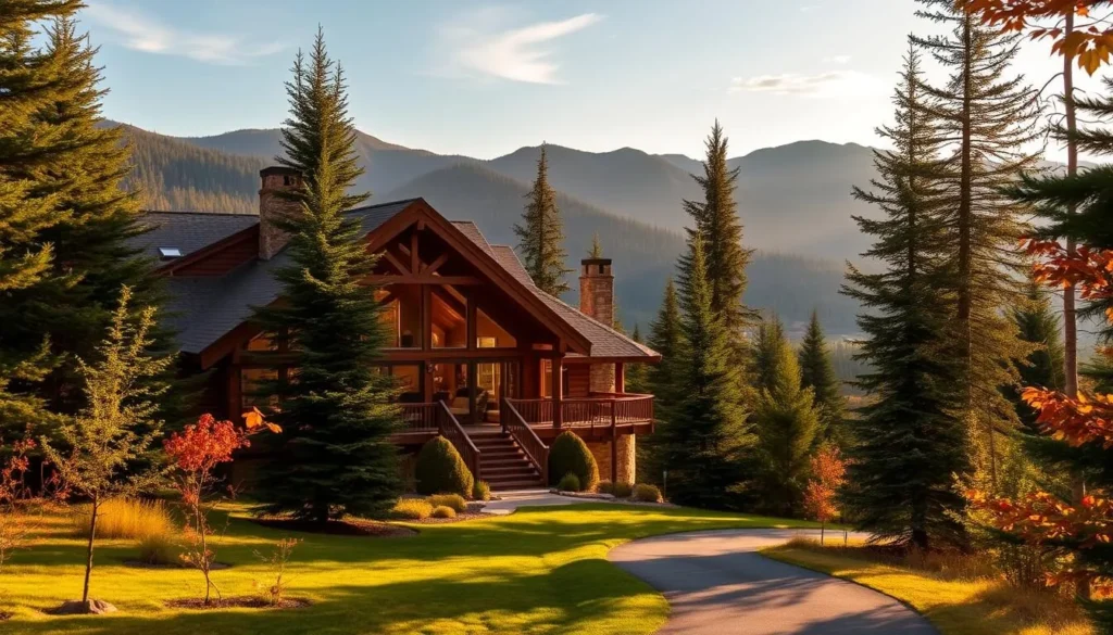 A cozy mountain lodge nestled amidst the majestic peaks of the White Mountains, its wooden exterior and inviting porch bathed in the warm glow of the afternoon sun. Inside, large windows offer sweeping views of the lush, forested landscape. Comfortable furnishings and a crackling fireplace create a welcoming ambiance, perfect for relaxing after a day of hiking or exploring the nearby quaint towns. In the foreground, a meandering path leads towards the lodge, framed by towering evergreens and the occasional burst of autumn foliage. The overall scene exudes a sense of tranquility and rustic charm, capturing the essence of the White Mountains' natural beauty and its inviting accommodations.