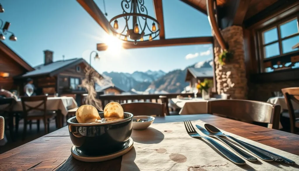 A cozy mountainside town in the Swiss Alps, Arosa is known for its hearty, homemade cuisine. Capture this rustic charm in a scene depicting a traditional Arosa eatery. In the foreground, a wooden table is set with a linen tablecloth, cutlery, and a steaming bowl of a local specialty, perhaps a creamy mushroom soup or a hearty cheese fondue. Overhead, a wrought-iron chandelier casts a warm, golden glow. In the middle ground, the restaurant's interior features exposed beams, stone walls, and alpine-inspired decor. Through the windows, snow-capped peaks rise in the distance under a clear, azure sky. The atmosphere exudes coziness, comfort, and the essence of Arosa's unique local culture.